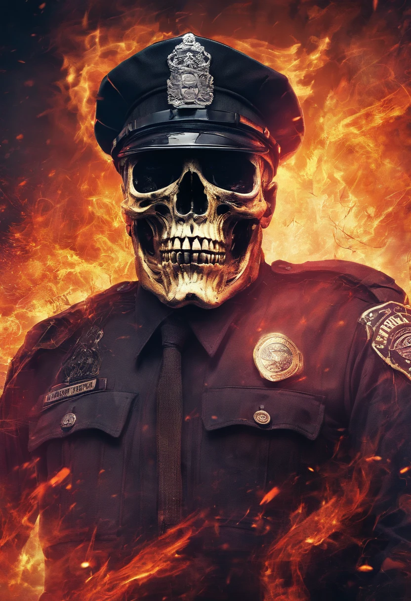 Policeman with a skull face, bright burning eyes, burning penitentiary background, ultra-detailed background Biomechanics, strange, scary, Nightmare, very bright colors, light particles, with bright light, Mshiff, Wallpaper art, Wallpaper UHD wall,