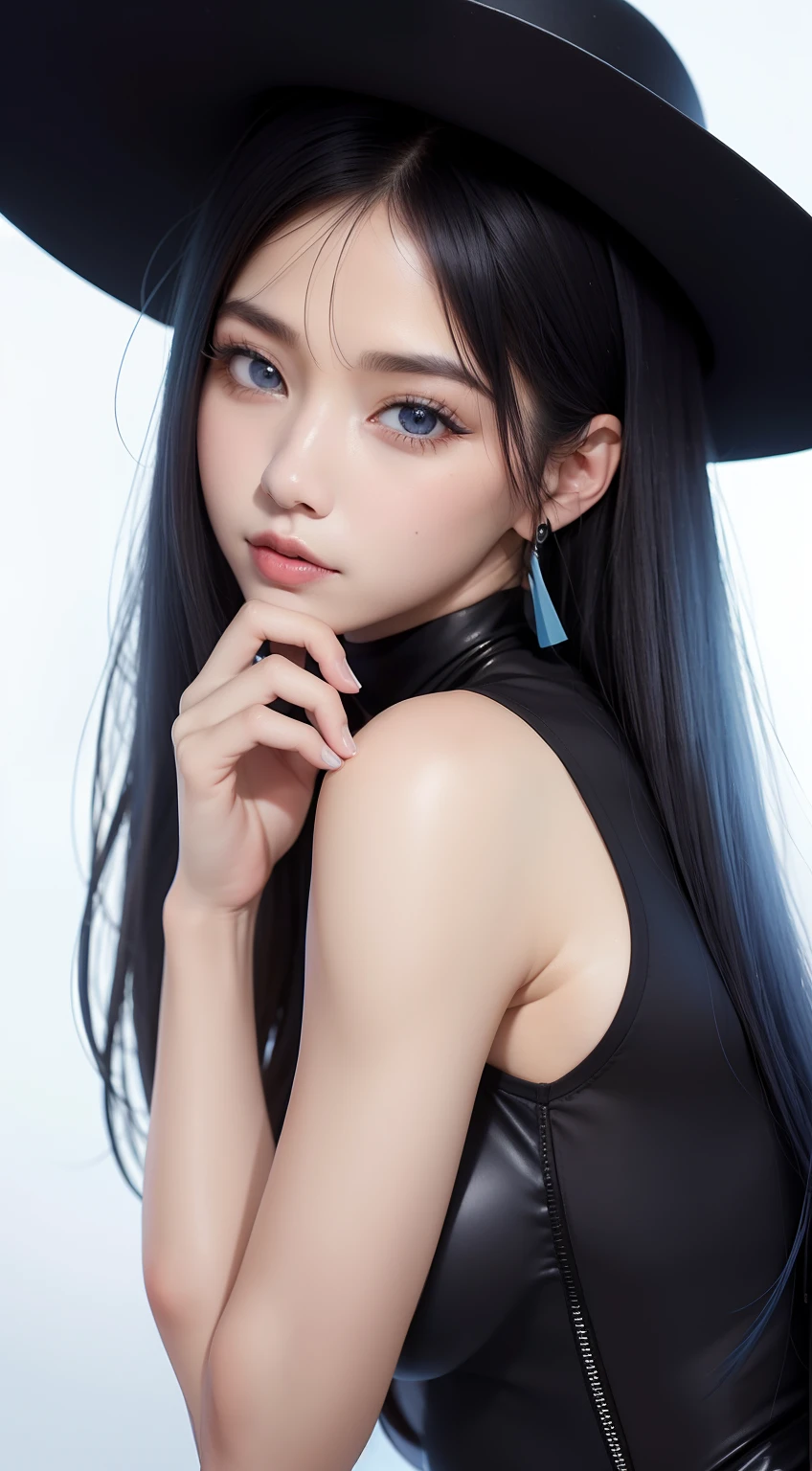 (8k, best quality, master part:1.2), female((30 anos)), Hair((Longas, ondulado, preto)), olho((Olhos inteligentes, Contato com olhos negros)), ((bodysuit de veludo, (()), azul claro, azul)), Accessories ((Grampo, Brincos)), Peitos grandes: 1.3, mama gigantesca:1.2, look de maquiagem coreano, Floresta, Smile Expression, Axilas, up hands,