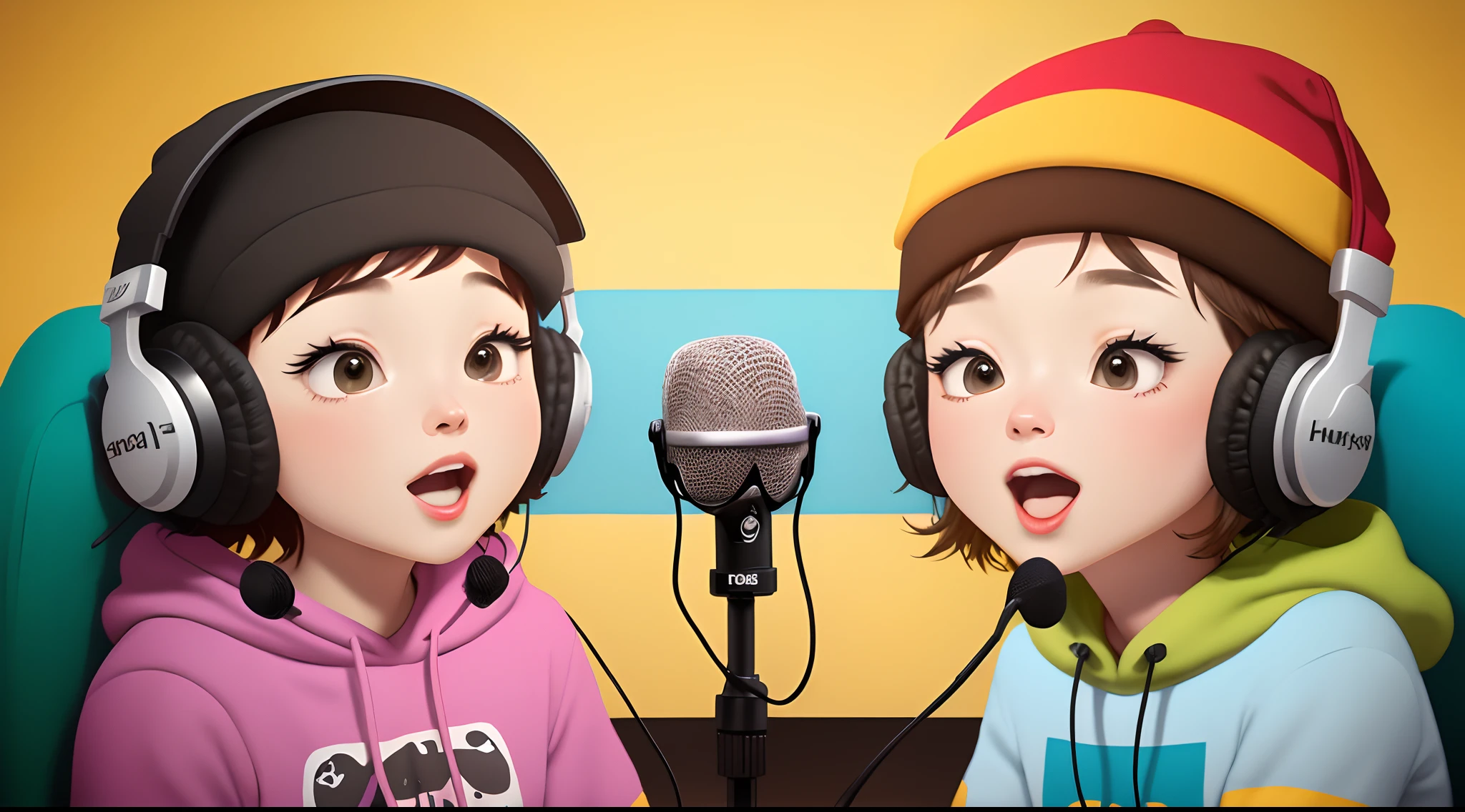 logo for a podcast with two characters with a microphone and headphones in south park style