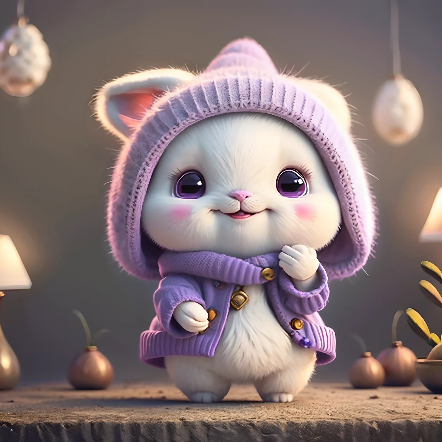 Cute bunny, smiley, by Pixar, Furry art, anime big breast, Purple background, Character, Outfit,