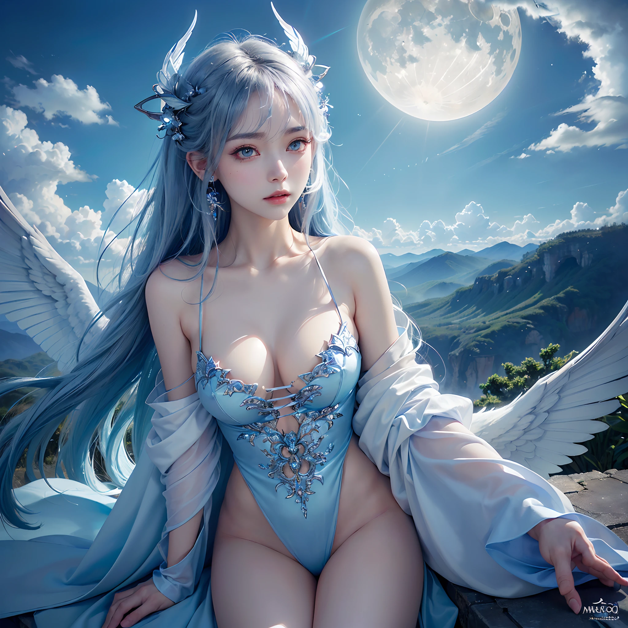 ((nood)), ((tmasterpiece)), (A detailed), seductive succubus, ethereal beauty, Perching on the clouds, (fantasy illustrations:1.3), Light blue long hair、With bangs、a captivating gaze, enchanting posture, Delicate wings, Otherworldly charm, mystical sky, (By Luis Royo:1.2), (Yoshitaka Amano:1.1), Moon Night, PastelColors, (Detailed Cloud View:1.3), (hight resolution:1.2),up close shot,up close shot,Black eyes,Detailed beautiful eyes,angelicales,large white wings evenly from the back to the left and right,,