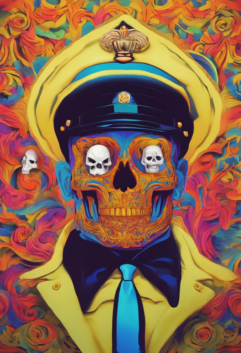 Policeman with a skull face, bright burning eyes, burning penitentiary background, ultra-detailed background Biomechanics, strange, scary, Nightmare, very bright colors, light particles, with bright light, Mshiff, Wallpaper art, Wallpaper UHD wall, no double face, no error.