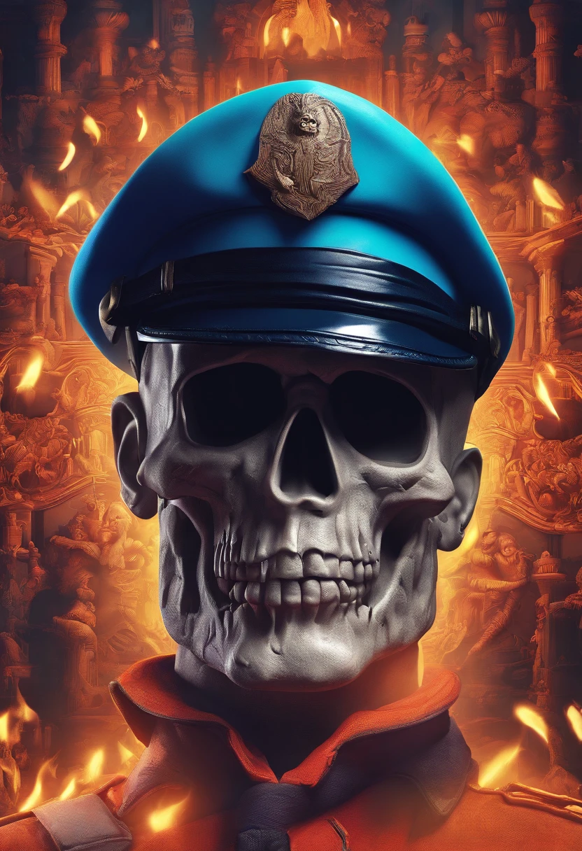 Policeman with a skull face, bright burning eyes, burning penitentiary background, ultra-detailed background Biomechanics, strange, scary, Nightmare, very bright colors, light particles, with bright light, Mshiff, Wallpaper art, Wallpaper UHD wall, no double face, no error.