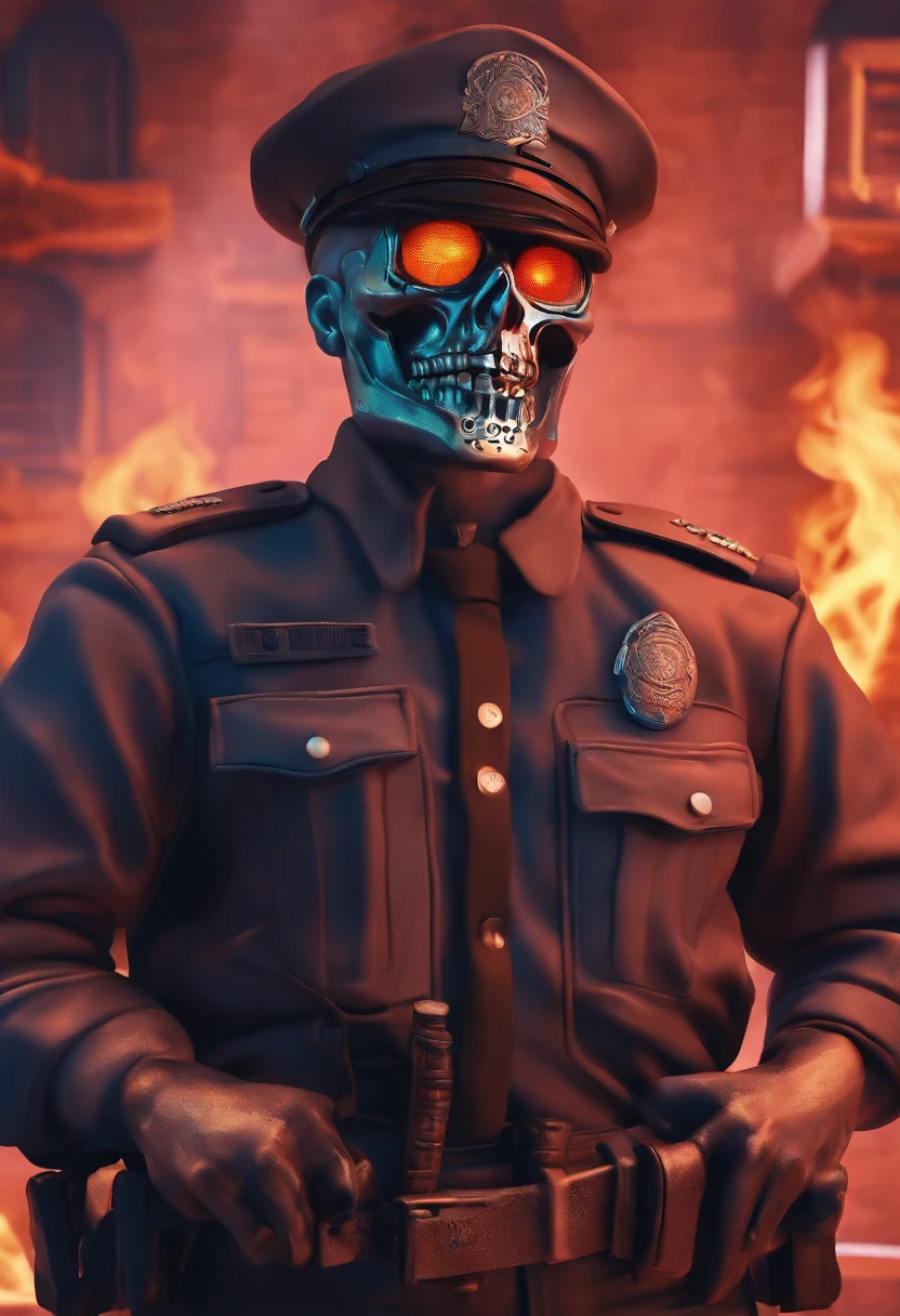 Policeman with a skull face, bright burning eyes, burning penitentiary background, ultra-detailed background Biomechanics, strange, scary, Nightmare, very bright colors, light particles, with bright light, Mshiff, Wallpaper art, Wallpaper UHD wall, no double face, no error.