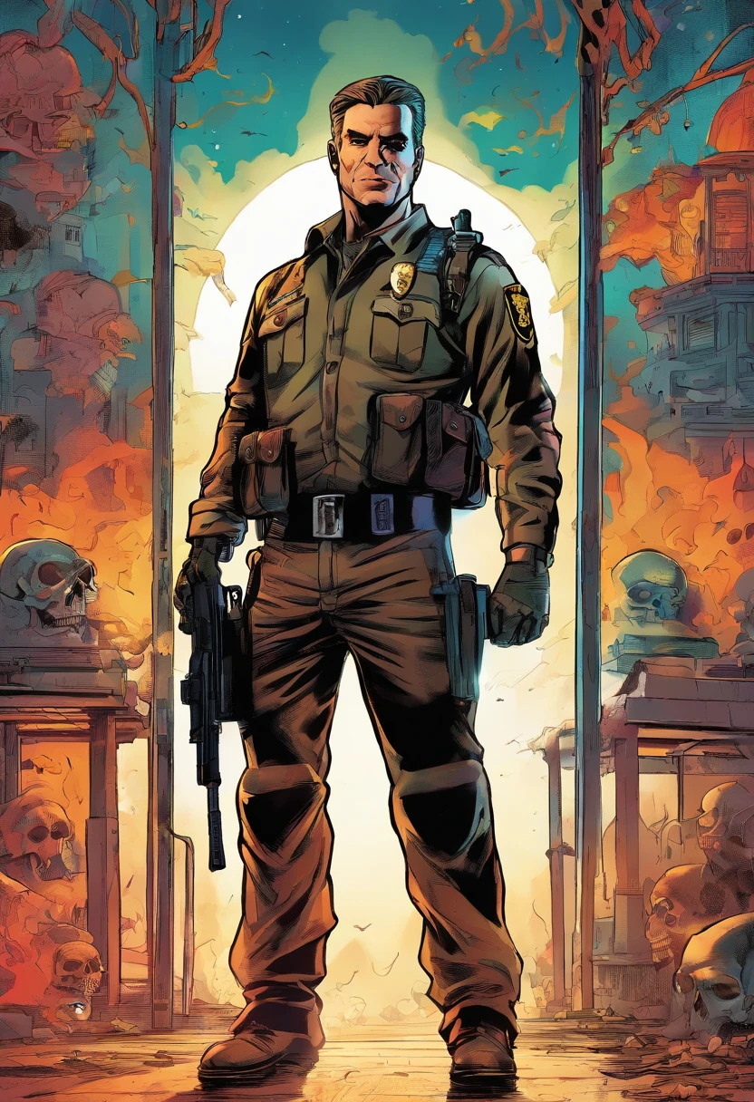 Policeman with a skull face, bright burning eyes, burning penitentiary background, ultra-detailed background Biomechanics, strange, scary, Nightmare, very bright colors, light particles, with bright light, Mshiff, Wallpaper art, Wallpaper UHD wall, no double face, no error.