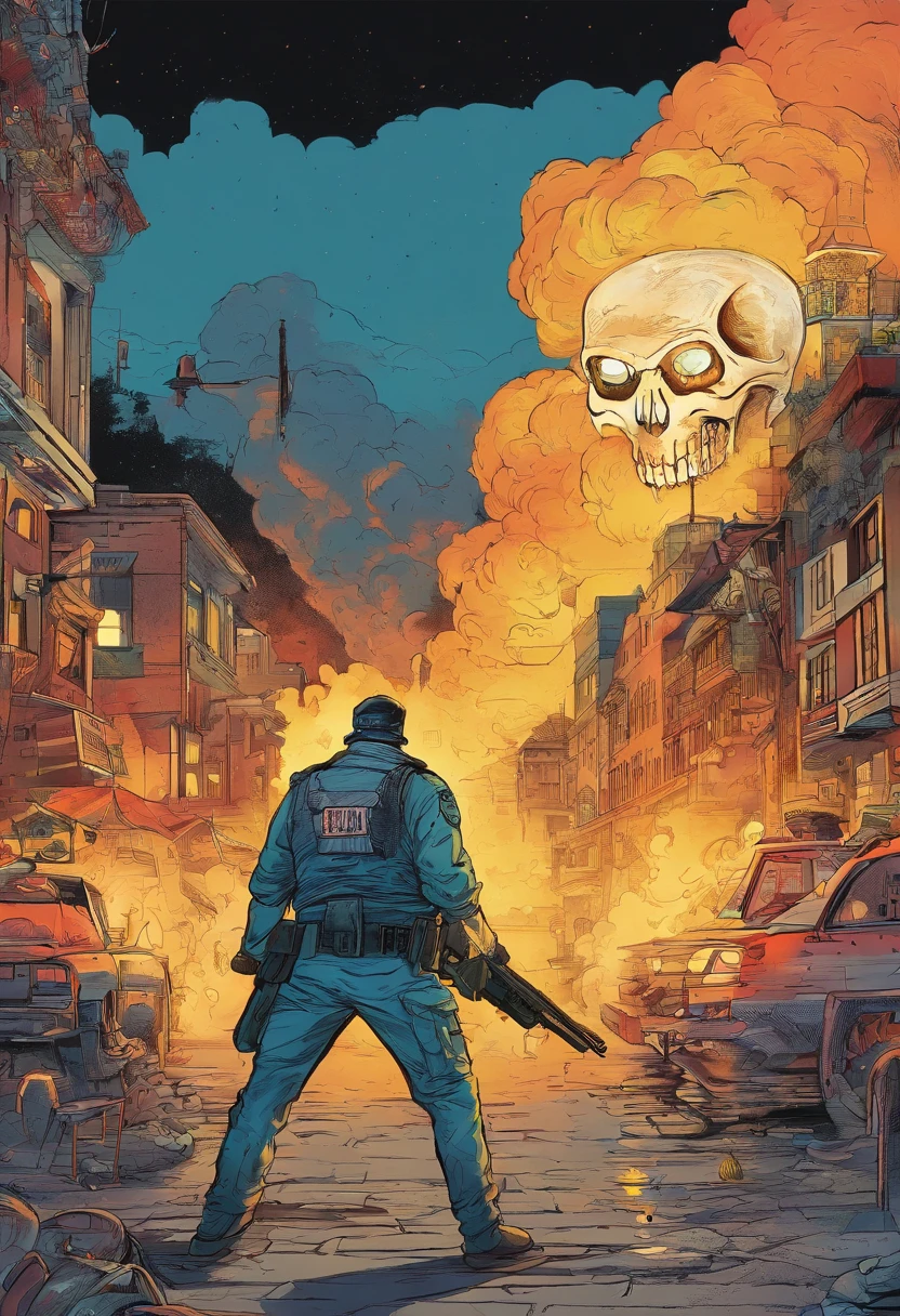 Policeman with a skull face, bright burning eyes, burning penitentiary background, ultra-detailed background Biomechanics, strange, scary, Nightmare, very bright colors, light particles, with bright light, Mshiff, Wallpaper art, Wallpaper UHD wall, no double face, no error.