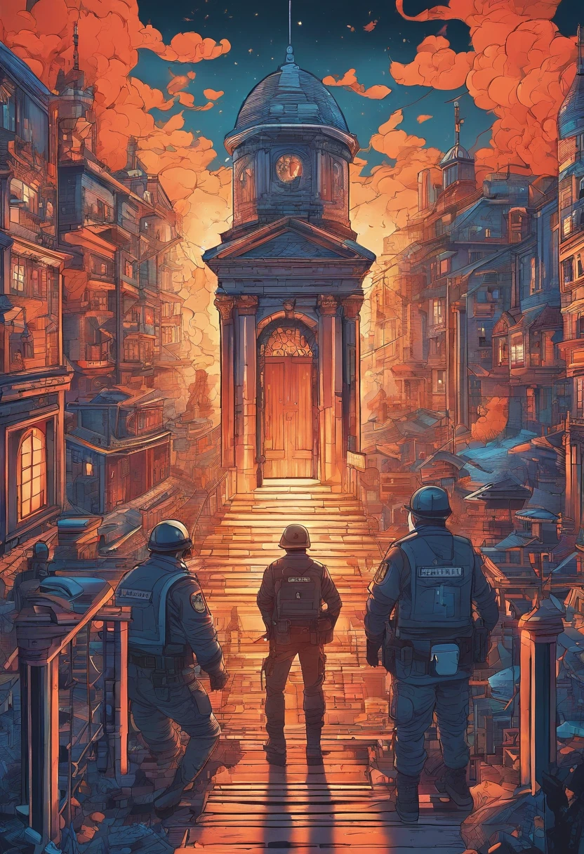 Policeman with a skull face, bright burning eyes, burning penitentiary background, ultra-detailed background Biomechanics, strange, scary, Nightmare, very bright colors, light particles, with bright light, Mshiff, Wallpaper art, Wallpaper UHD wall, no double face, no error.