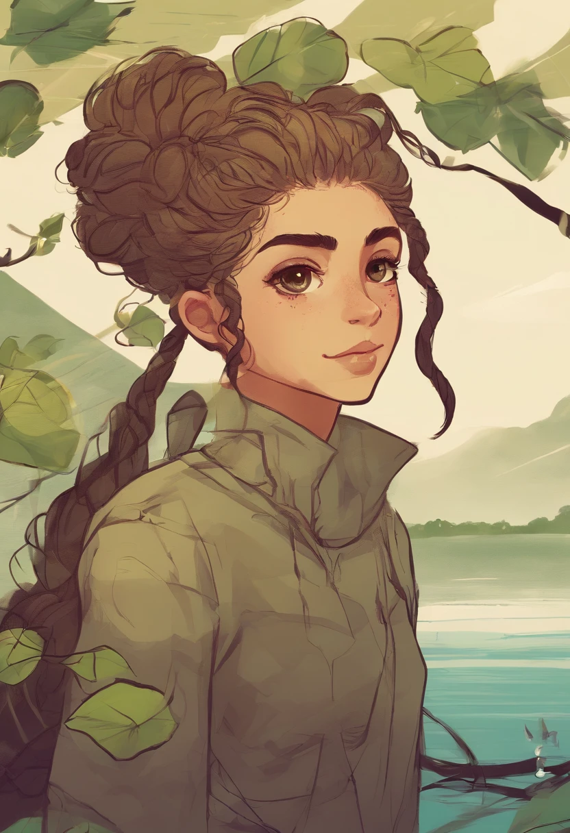 Garota de que tem um cabelo castanho , Well curly and long he has leaf-green eyes and is wearing a ponytail as a hairstyle. No fundo tem um lago