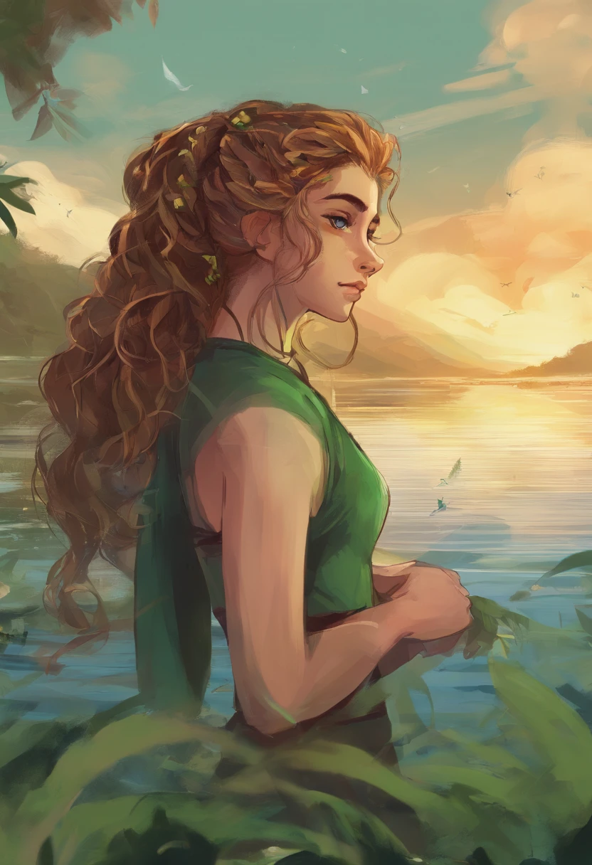 Garota de 14 anos que tem um cabelo castanho , Well curly and long he has leaf-green eyes and is wearing a ponytail as a hairstyle. No fundo tem um lago