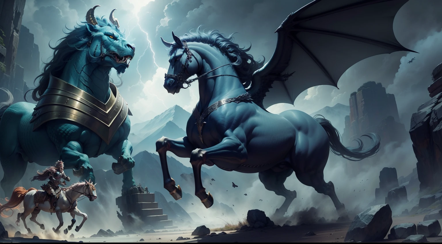 bellerophon killing chimera,battles,heroic warrior,greek mythology,proud and brave,mythical creature,fantasy,mythical beast,figthing on the ground,fierce combat,flying horse,Pegasus,muscular Bellerophon,shining golden armor,leaping in the air,piercing spear,lion head,goat body,dragon tail,monster's fiery breath,scaly skin,body of a serpent,intense struggle,magnificent landscape,rocky mountains,cloudy sky,sunlight breaking through,rolling clouds,stormy weather,thunderbolts,action-packed scene,epic battle,clashing of weapons,feeling of triumph,challenging the impossible,victory over evil forces,artistic illustrations,high-res painting,detailed depiction,picturesque scenery,heroic showdown,captivating composition,dark and dramatic atmosphere,mythical undertones,masterpiece:1.2,ultra-detailed,photorealistic,strong contrast,vibrant colors,lively brushstrokes,dynamic lighting