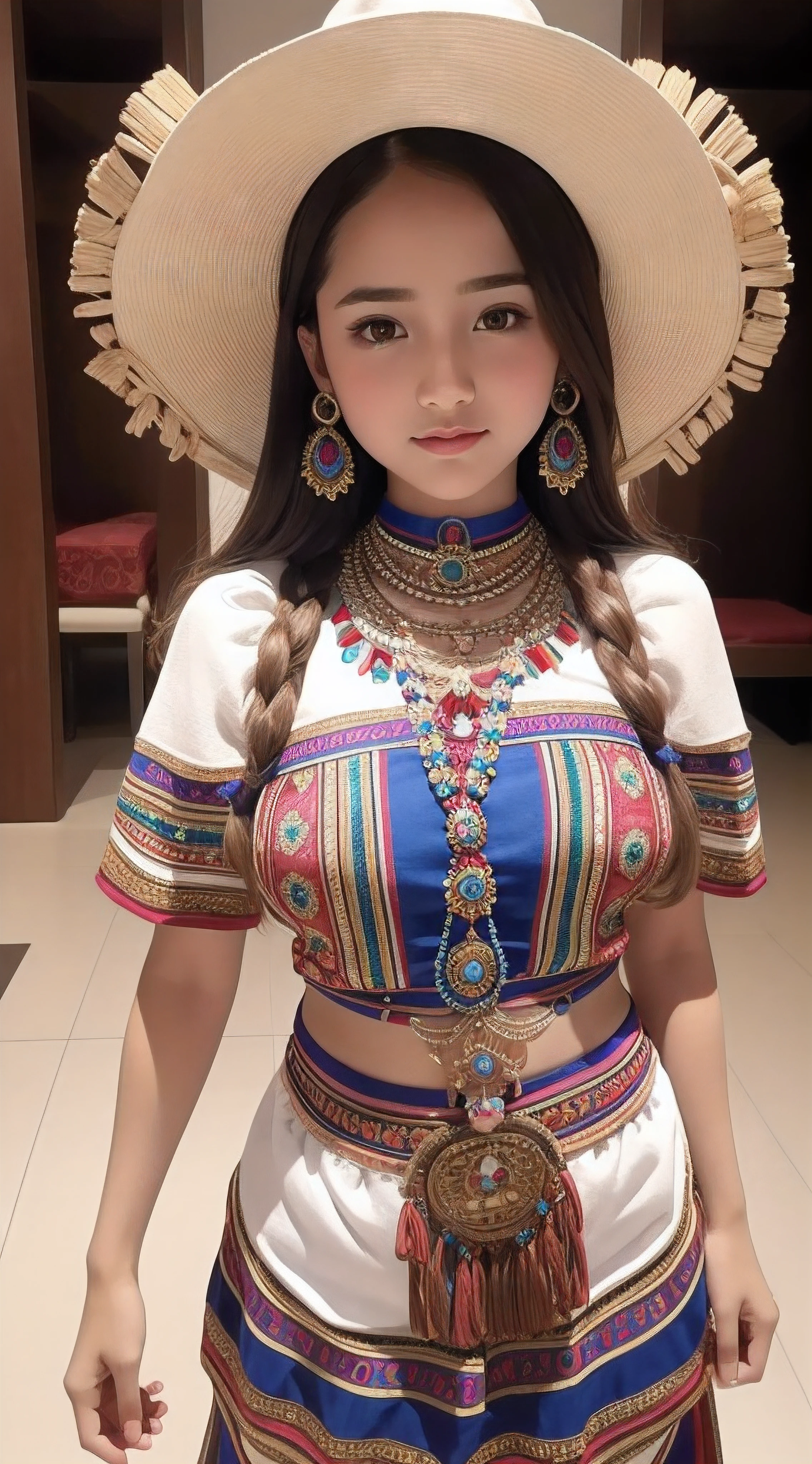 best quality, masterpiece, (realistic:1.2), 1 girl, brown hair, brown eyes, Front, detailed face, beautiful eyes, full body, wearing Mayan costumes