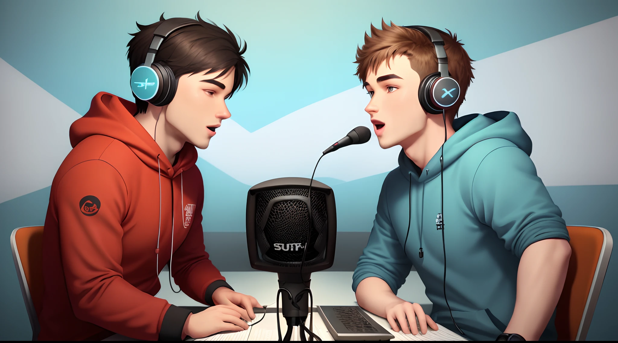 Logo for a podcast with two male characters with a microphone and headphones in the style of South Park