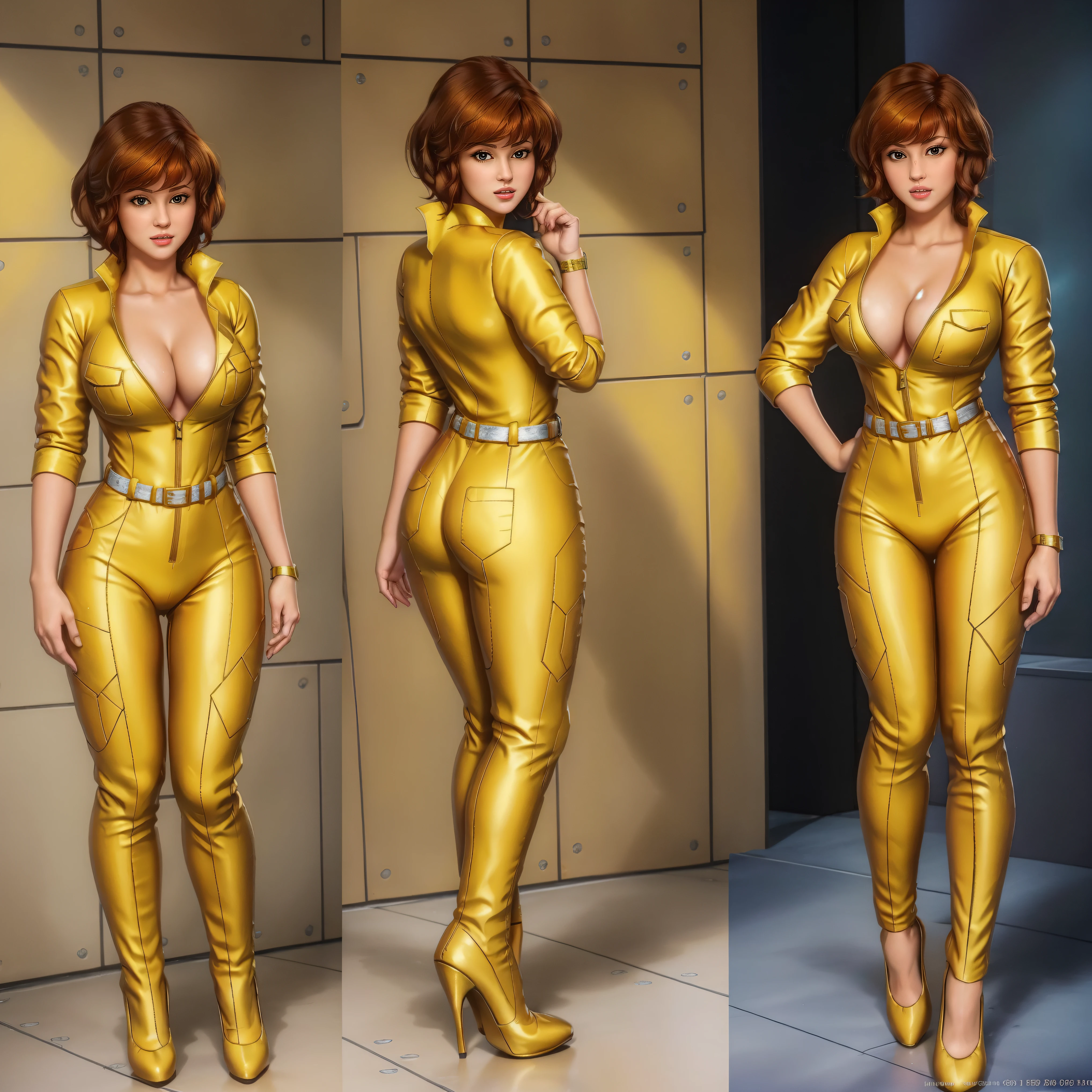 April O'neil wearing only a long transparent yellow jacket, short wet messy brown hair, brown eyes, 8k, ((full-body)), cleavage, (best quality:1.2), detailed face, smooth soft skin, big dreamy eyes, beautiful intricate coloured hair, symmetrical, anime wide eyes, soft lighting, concept art, full body portrait, yellow heels, shoes visible, cowboy shot, face view, ass view, puffy nipple, no background