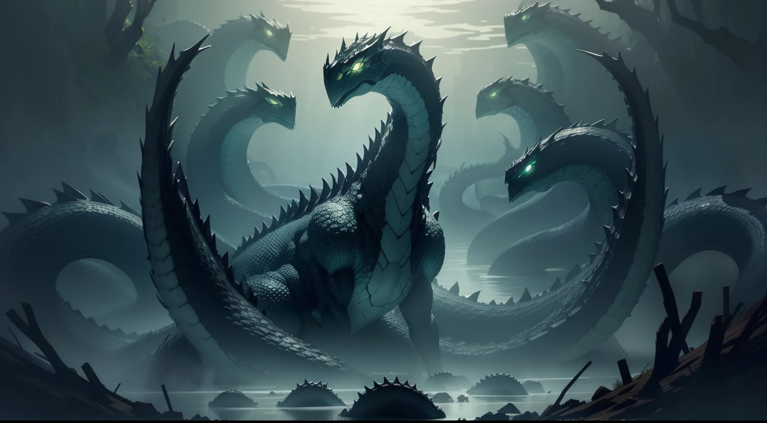 Generate an image of the Hydra of Lerna, a fearsome aquatic monster with nine serpentine heads emerging from a dark and murky swamp.