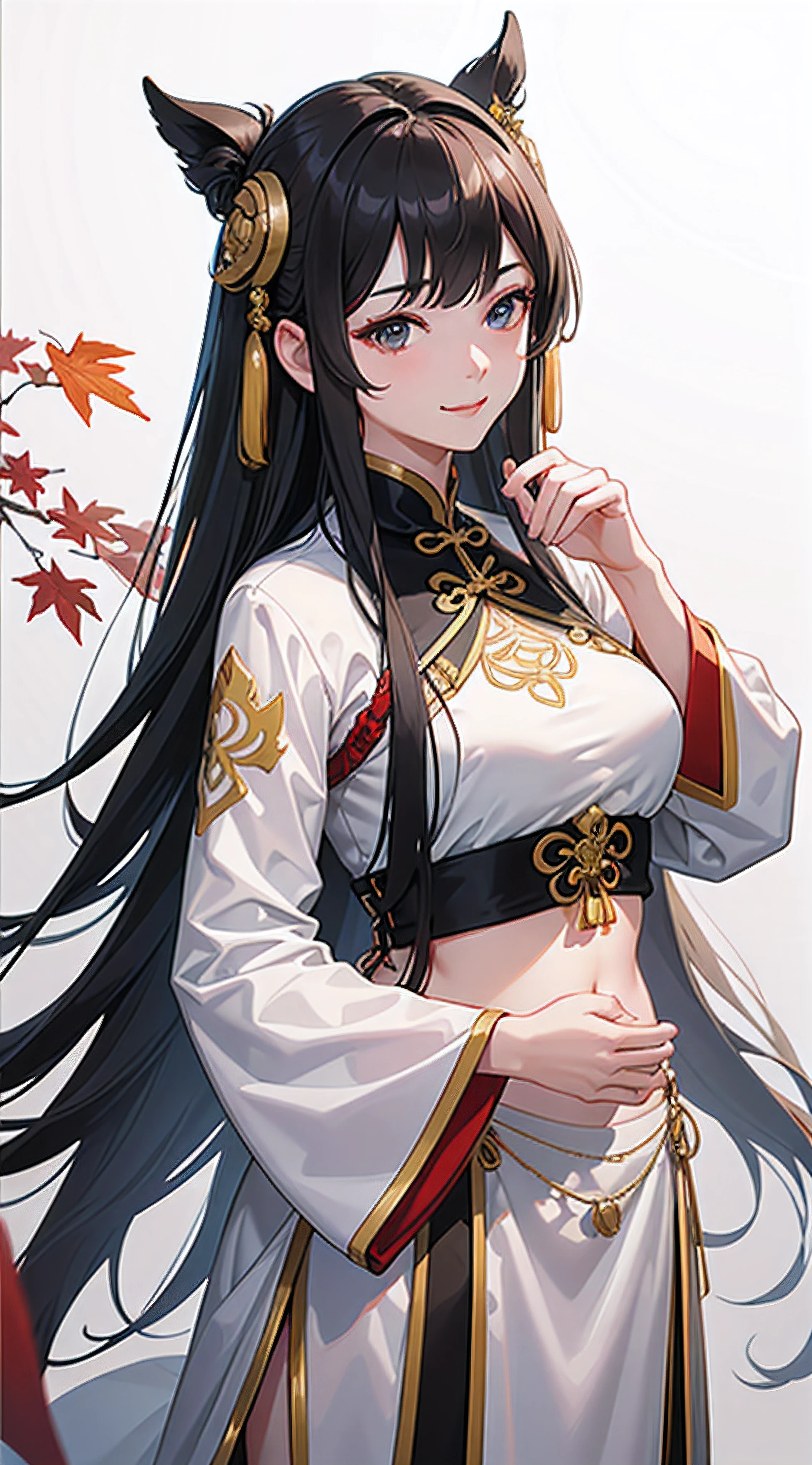 Best Quality, Masterpiece, Ultra High Resolution, (Realistic: 1.4), Xiuxian, Smiling, Shy, Belly Button, Delicate Makeup, Gorgeous Jewelry, Horse Face Dress, Detail Face,, 1 girl, white clothes, lotus print, maple leaf print, solo, weapon, (magic circle: 1.2), Xiuxian, upper body, beautiful girl, half-body, East Asian architecture, sheath, construction,