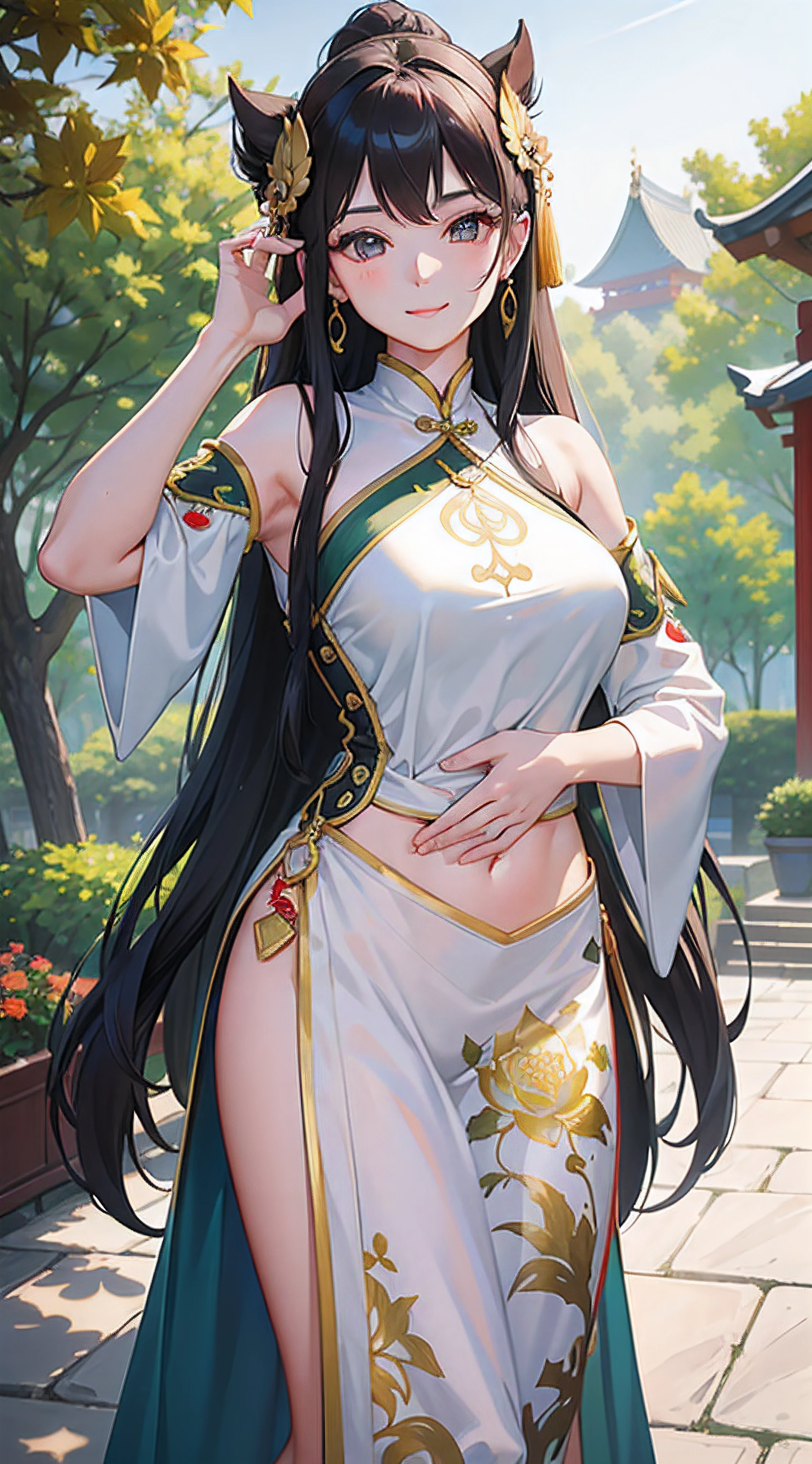 Best Quality, Masterpiece, Ultra High Resolution, (Realistic: 1.4), Xiuxian, Smiling, Shy, Belly Button, Delicate Makeup, Gorgeous Jewelry, Horse Face Dress, Detail Face,, 1 girl, white clothes, lotus print, maple leaf print, solo, weapon, (magic circle: 1.2), Xiuxian, upper body, beautiful girl, half-body, East Asian architecture, sheath, construction,
