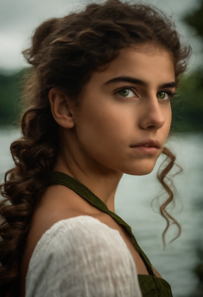 Garota de anos que tem um cabelo castanho , Well curly and long he has leaf-green eyes and is wearing a ponytail as a hairstyle. No fundo tem um lago