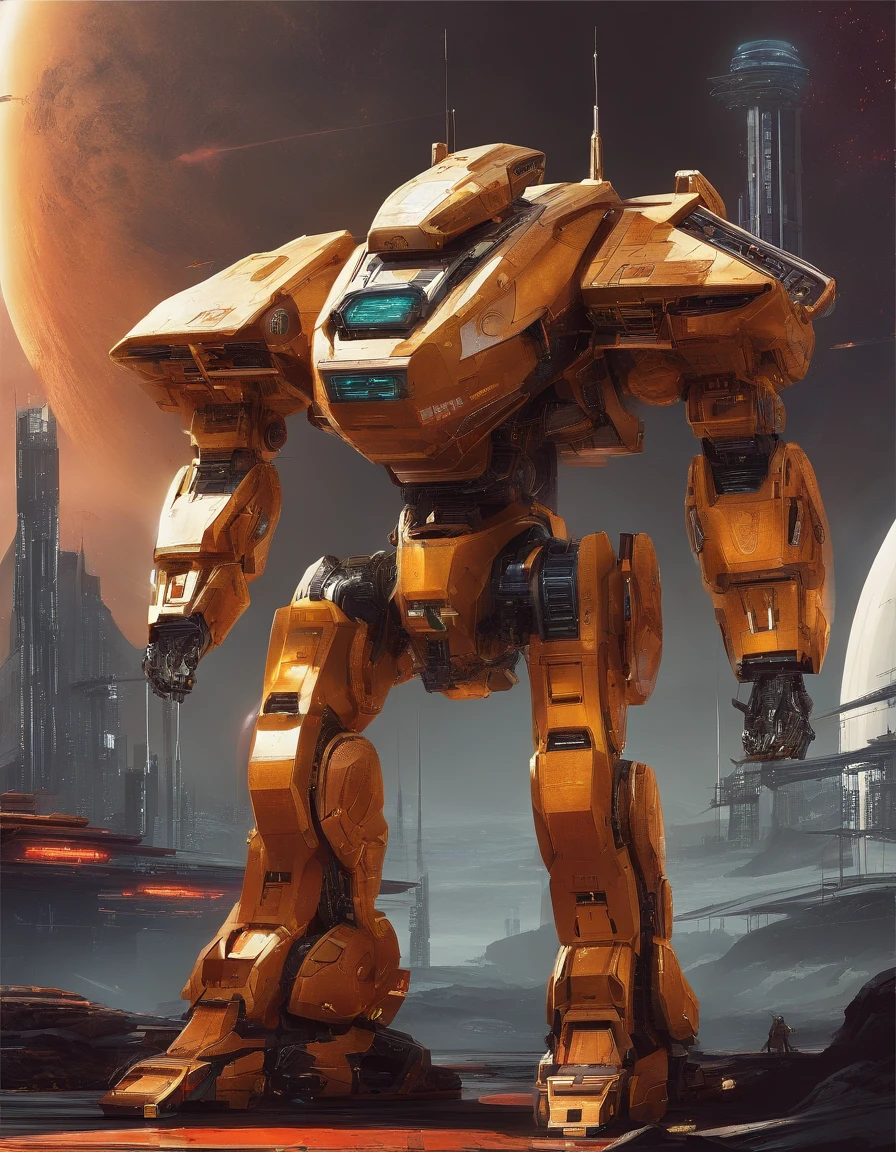 photo, aerial view, battletech style giant [ robot : full plate armor knight : 0.5 ] ), (spherical shapes:1.5), (big guns), (crimson blood color and (gold:1.4) vivid colors:1.5), red glowning headlights, chromed metal, background: spacious spaceship hangar, dramatic fire and smoke, (masterpiece), sci-fi art