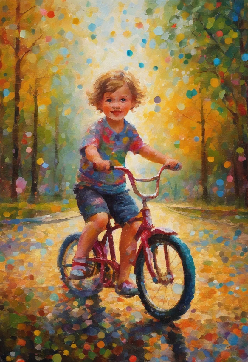 A wide-eyed child beaming with pride as they ride their bike for the first time, surrounded by a park scene.