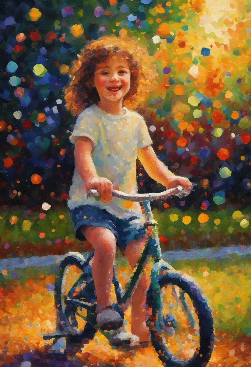A wide-eyed beaming with pride as they ride their bike for the first time, surrounded by a park scene.