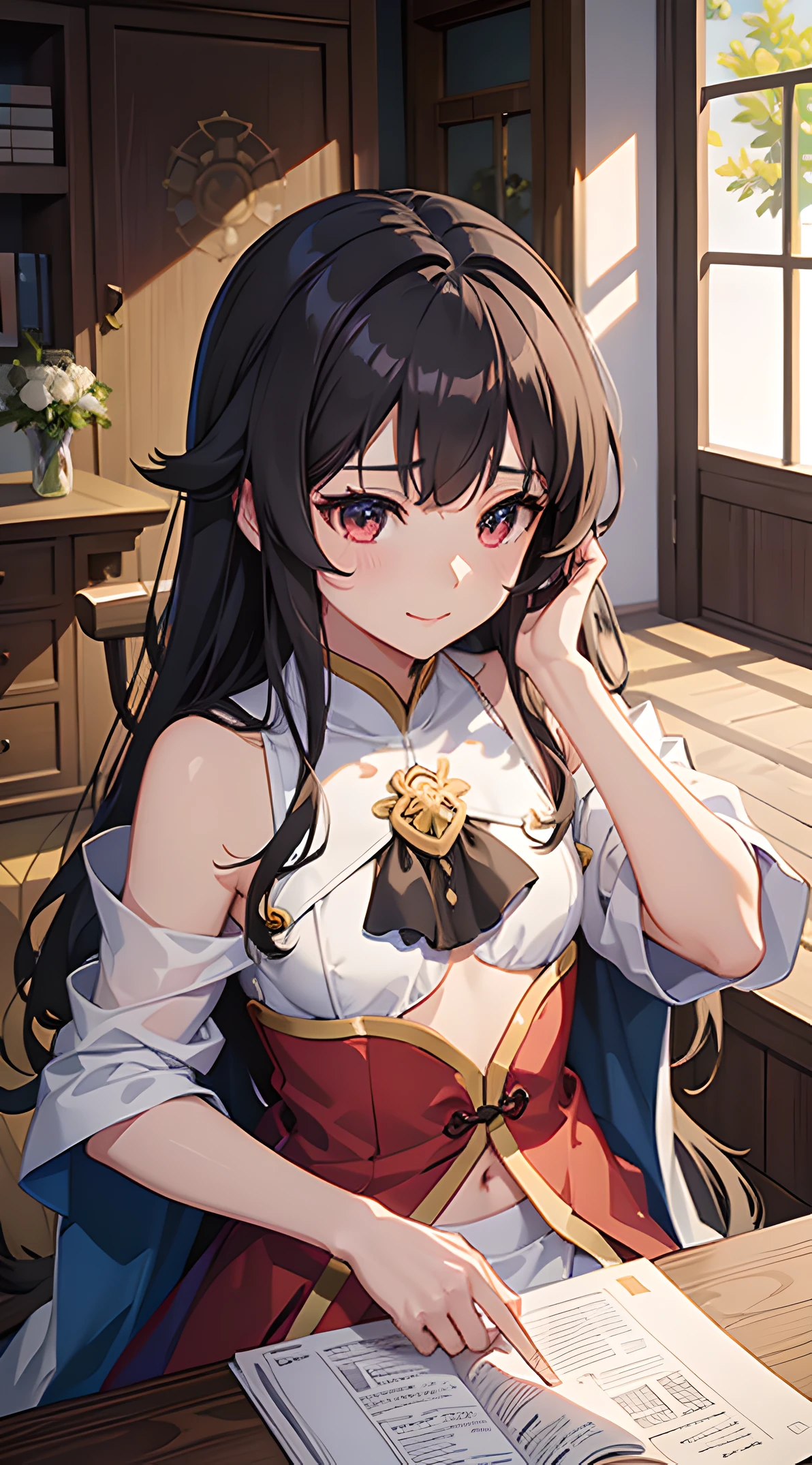 Anime screenshot of woman in room with table and TV, flirty anime witch casting magic, small curvy loli, oppai, Isekai, Megumin, kantai collection arcade, fluffy chest, Ayaka Genshin Impact, with cape, visual novel cg, wearing shoulder cape, black - haired mage, hanayamata, 8K!!, Best Quality, Masterpiece, Ultra High Resolution, (Realistic: 1.4), Xiuxian, Smiling, Shy, Belly Button, Delicate Makeup, Gorgeous Jewelry, Horse Face Dress, Detail Face,, 1 girl, white clothes, lotus print, maple leaf print, solo, weapon, (magic circle: 1.2), Xiuxian, upper body, beautiful girl, half-body, East Asian architecture, sheath, construction,