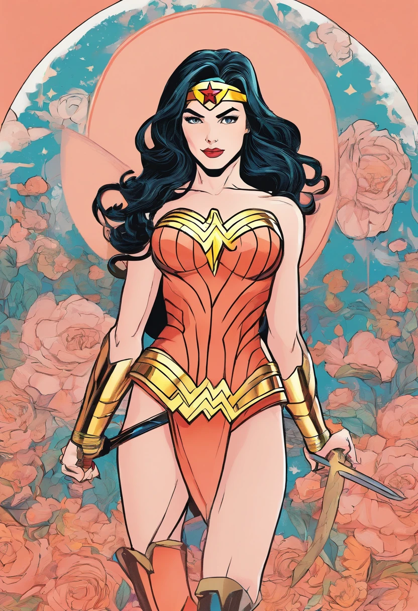 wonder woman in Peach Momoko style. The style is exaggerated and detailed
