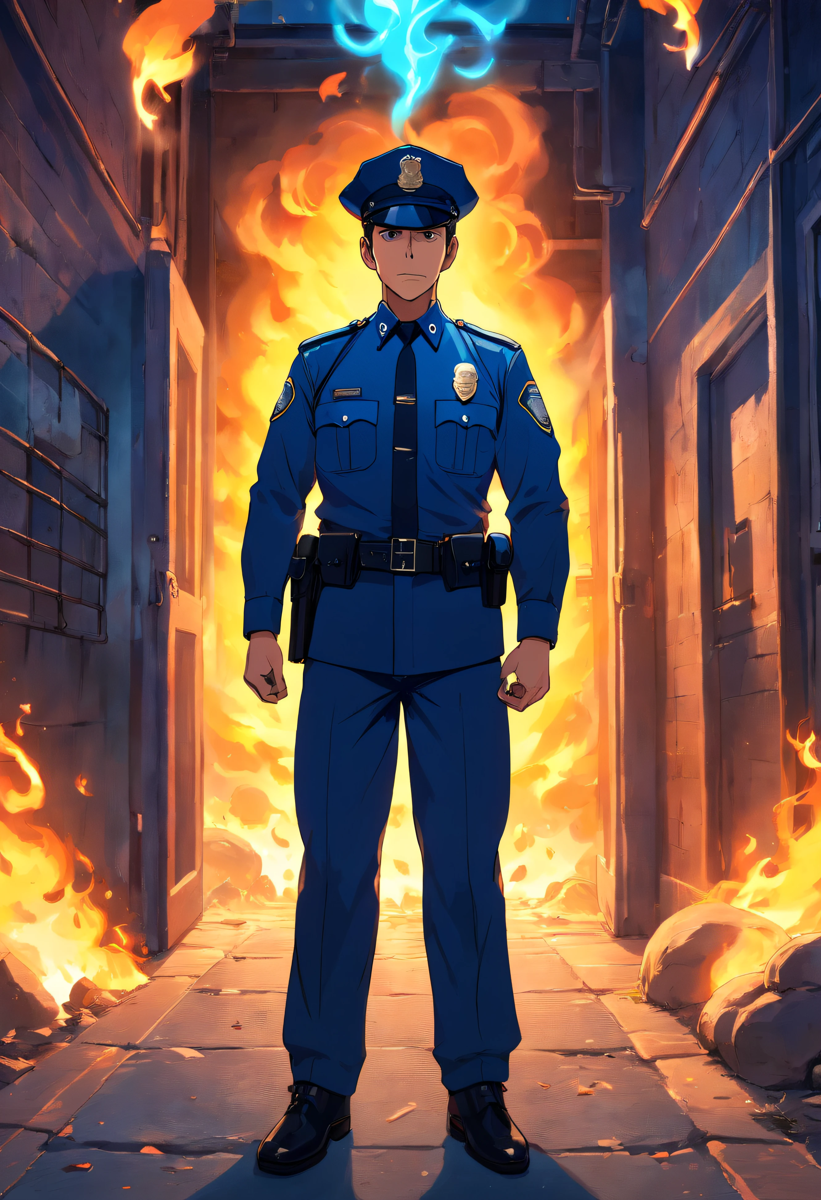 Policeman with a skull face, bright burning eyes, burning penitentiary background, ultra-detailed background Biomechanics, strange, scary, Nightmare, very bright colors, light particles, with bright light, Mshiff, Wallpaper art, Wallpaper UHD wall,