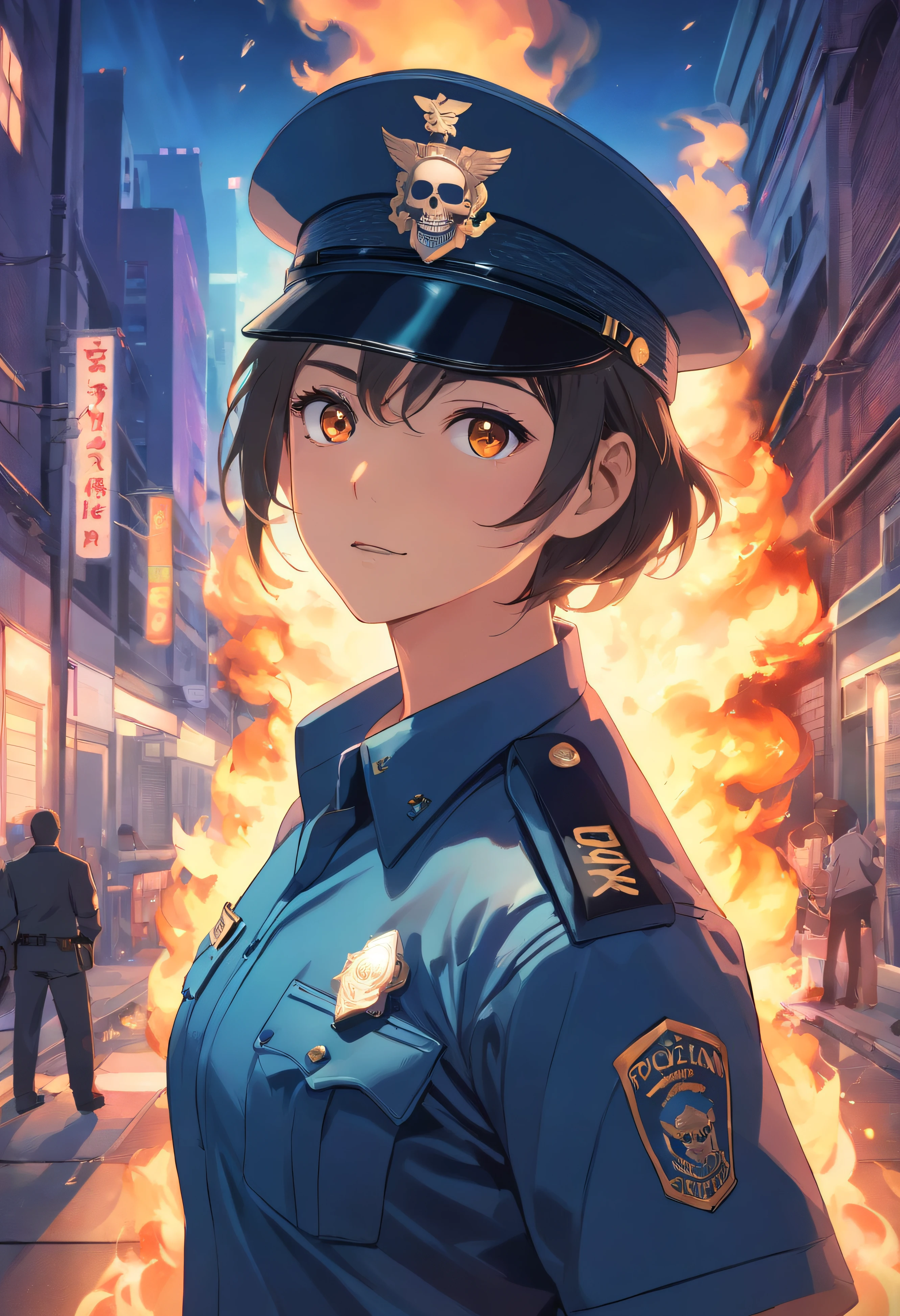 Policeman with a skull face, bright burning eyes, burning penitentiary background, ultra-detailed background Biomechanics, strange, scary, Nightmare, very bright colors, light particles, with bright light, Mshiff, Wallpaper art, Wallpaper UHD wall,