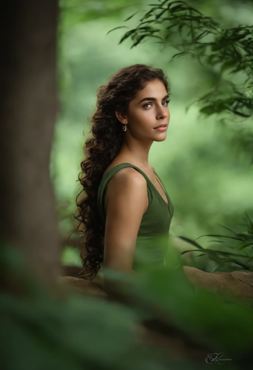 Garota de 14 anos que tem um cabelo castanho , Well curly and long he has leaf-green eyes and is wearing a ponytail as a hairstyle. No fundo tem um lago