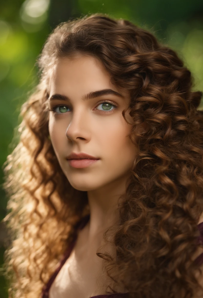 Garota de anos que tem um cabelo castanho , Well curly and long he has leaf-green eyes and is wearing a ponytail as a hairstyle. No fundo tem um lago