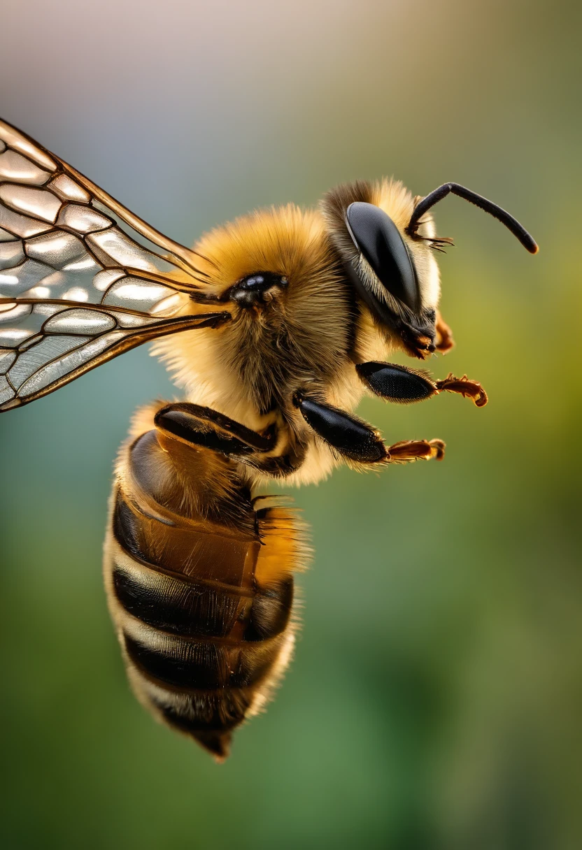 dramatische Pose, umgeben von summenden Bienen, vibrierende Farben, dynamisches Licht, surreale Hintergrundlandschaft. (best qulaity, 4k, HDR), (artistic, fantasy), (leuchtende Farben, kontrastreich, lebhaft), (Detailed wings, faszinierende Textur, realistic bee armor:1.2), (Transparent wings), (eindringlicher Blick, durchdringende Augen).