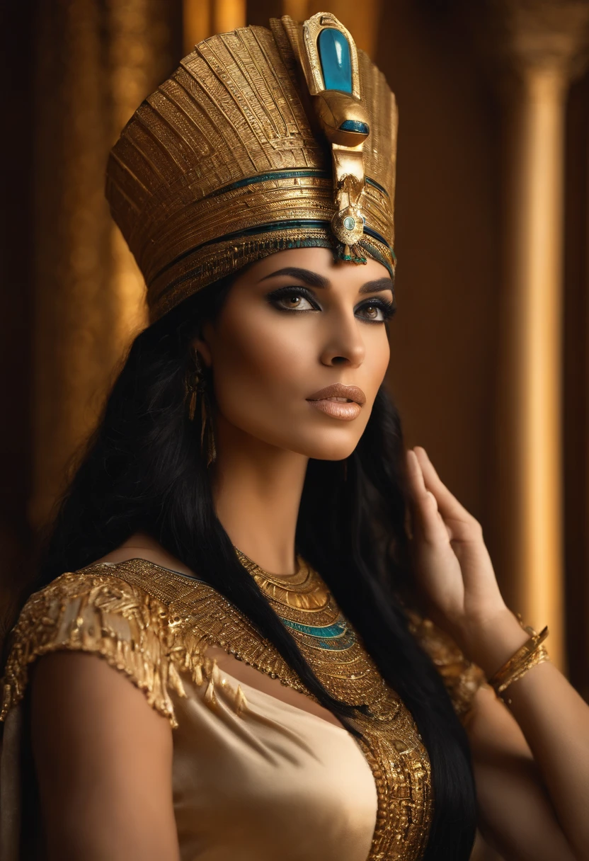 um close up de uma mulher usando um vestido dourado e um cocar dourado, ????????? portrait, beautiful ?????????, Egyptian Princess, Um retrato impressionante de uma deusa, ????????? portrait, Retrato de uma bela deusa, cleopatrah, mulher linda, Egyptian, linda mulher bonita, ????????? in her palace, wearing an egyptian crown, Egyptian makeup, Retrato da deusa 3D, Retrato da princesa asteca