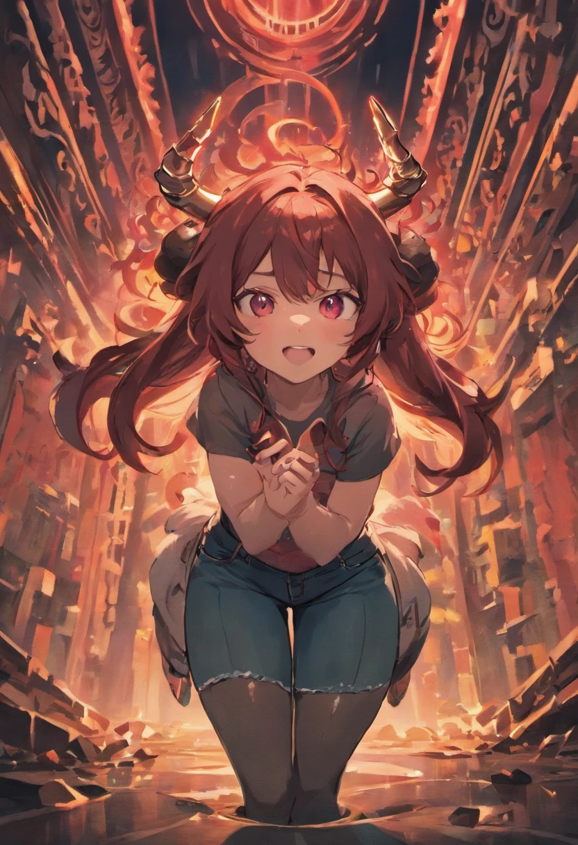enigmatic but playful, Mysterious, Emerald eyes, (Rich crimson hair), (wavy cascading long hair), ((Twin pitch black demon horns)), otherworldly, exceptionally beautiful, ((plump)), curvy, (((tight brown T-Shirt and blue jeans))), (ethereal spirit), (teasing smile), (high quality), volumetric lighting, living room background, evening light