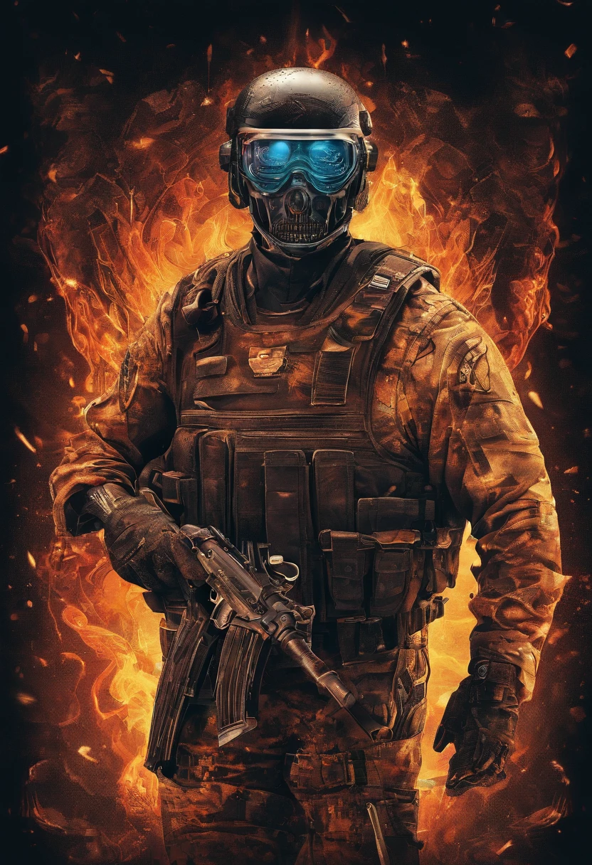 Policeman with a skull face, bright burning eyes, burning penitentiary background, ultra-detailed background Biomechanics, strange, scary, Nightmare, very bright colors, light particles, with bright light, Mshiff, Wallpaper art, Wallpaper UHD wall, no double face, no error.