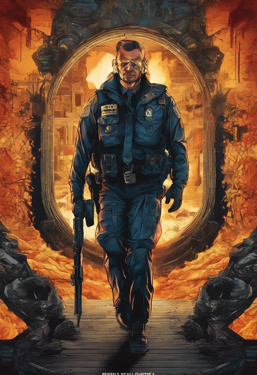 Policeman with a skull face, bright burning eyes, burning penitentiary background, ultra-detailed background Biomechanics, strange, scary, Nightmare, very bright colors, light particles, with bright light, Mshiff, Wallpaper art, Wallpaper UHD wall, no double face, no error.