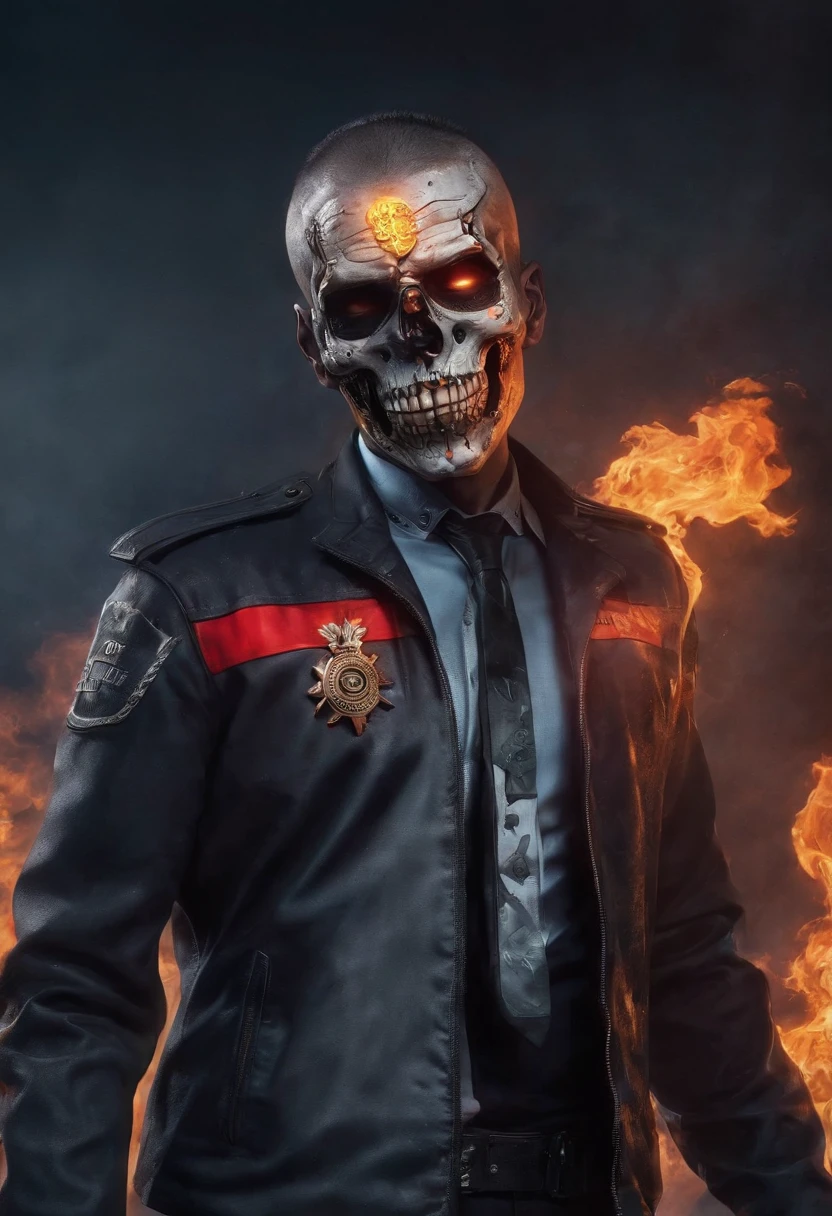 Policeman with a skull face, bright burning eyes, burning penitentiary background, ultra-detailed background Biomechanics, strange, scary, Nightmare, very bright colors, light particles, with bright light, Mshiff, Wallpaper art, Wallpaper UHD wall, no double face, no error.