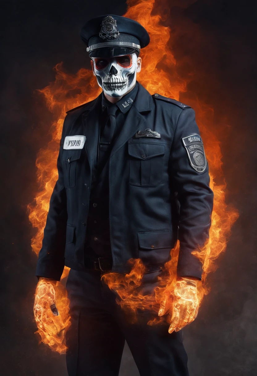 Policeman with a skull face, bright burning eyes, burning penitentiary background, ultra-detailed background Biomechanics, strange, scary, Nightmare, very bright colors, light particles, with bright light, Mshiff, Wallpaper art, Wallpaper UHD wall, no double face, no error.