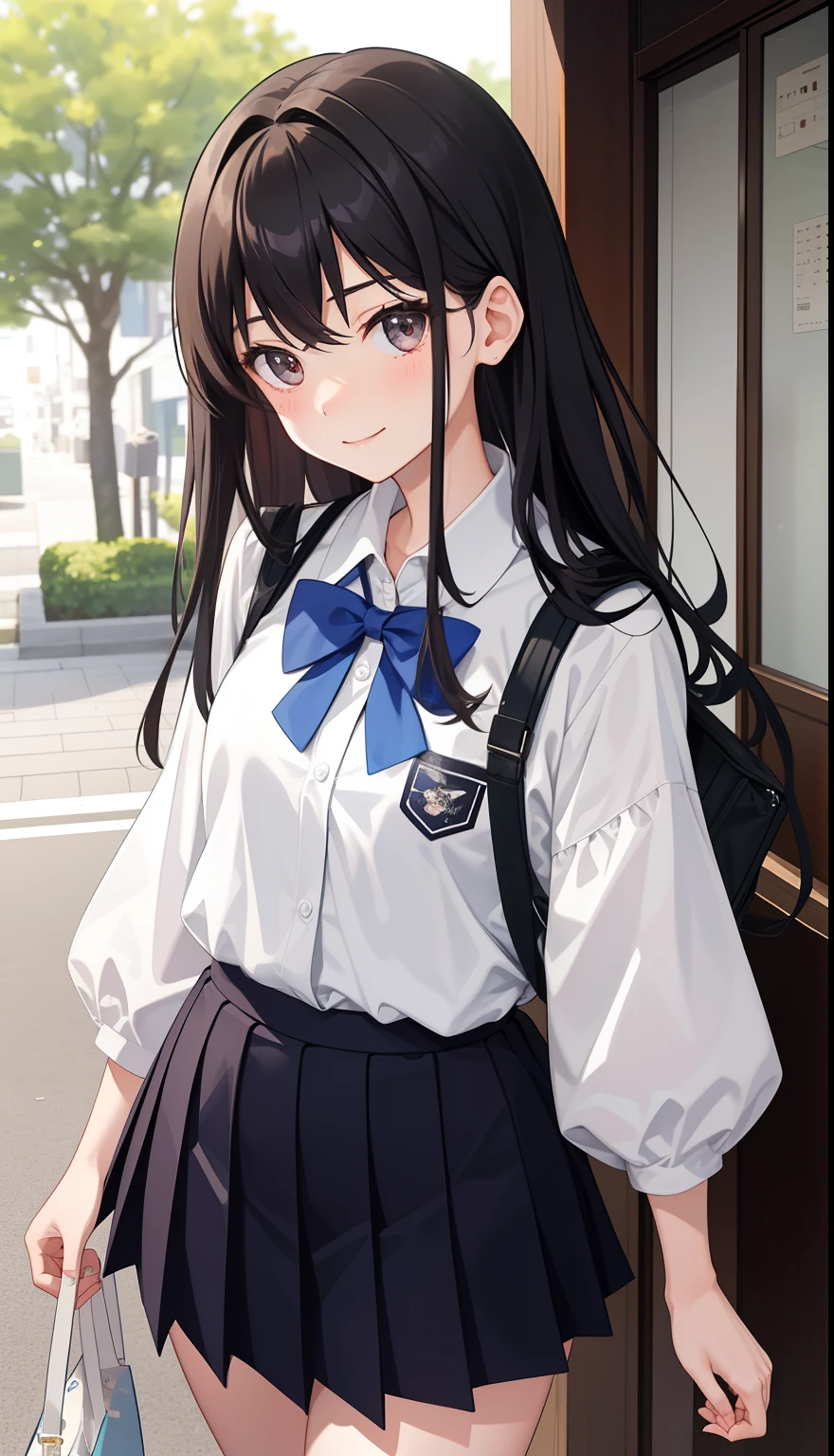 1girl in、AS-Adult、A smile、(Tsundere)、The shirt、skirt by the、(small tits)Chilarism、Japan High School Student Uniform、summer clothing、(Sheer bra)、Upper body portrait、
