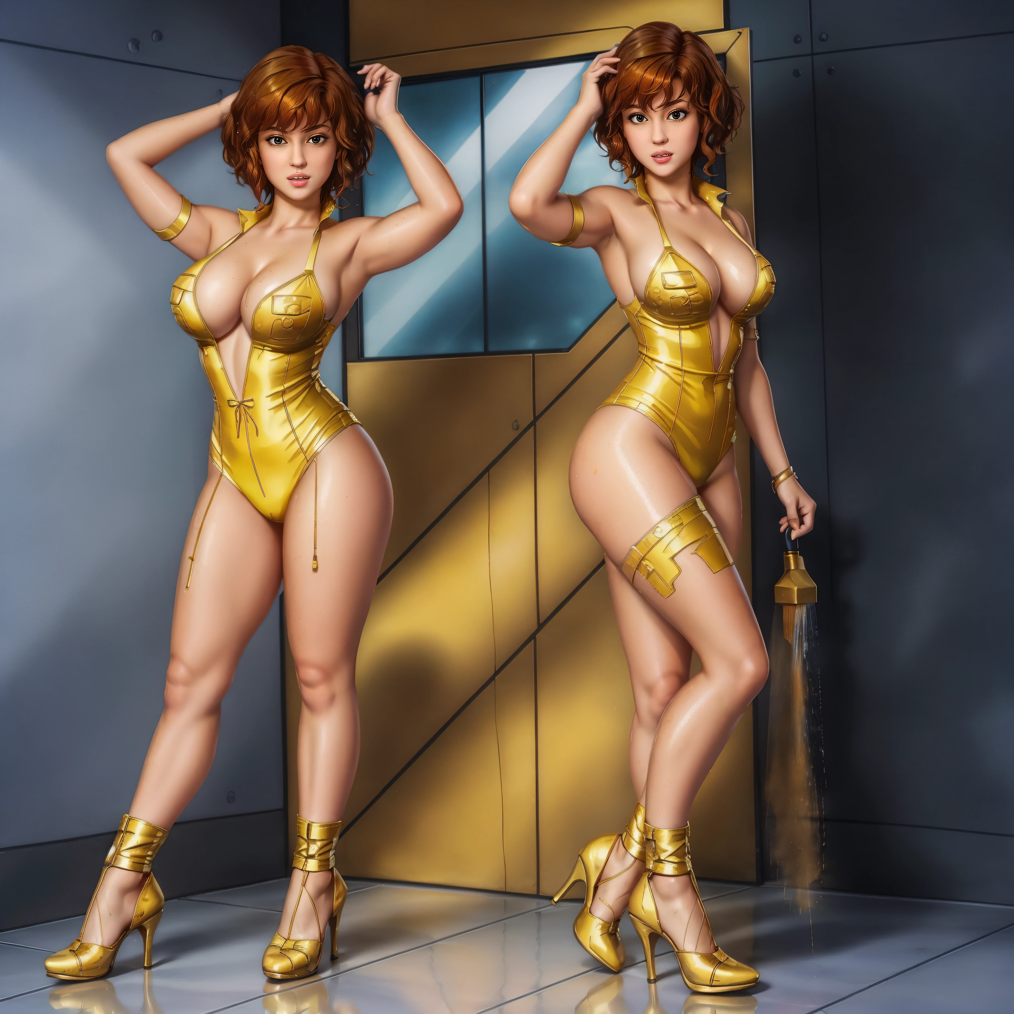April O'neil after taking a shower wearing only wet transparent yellow Lingerie, short wet messy brown hair, brown eyes, 8k, ((full-body)), cleavage, (best quality:1.2), detailed face, smooth soft skin, big dreamy eyes, beautiful intricate coloured hair, symmetrical, anime wide eyes, soft lighting, concept art, full body portrait, yellow heels, shoes visible, cowboy shot, face view, ass view, puffy nipple, no background