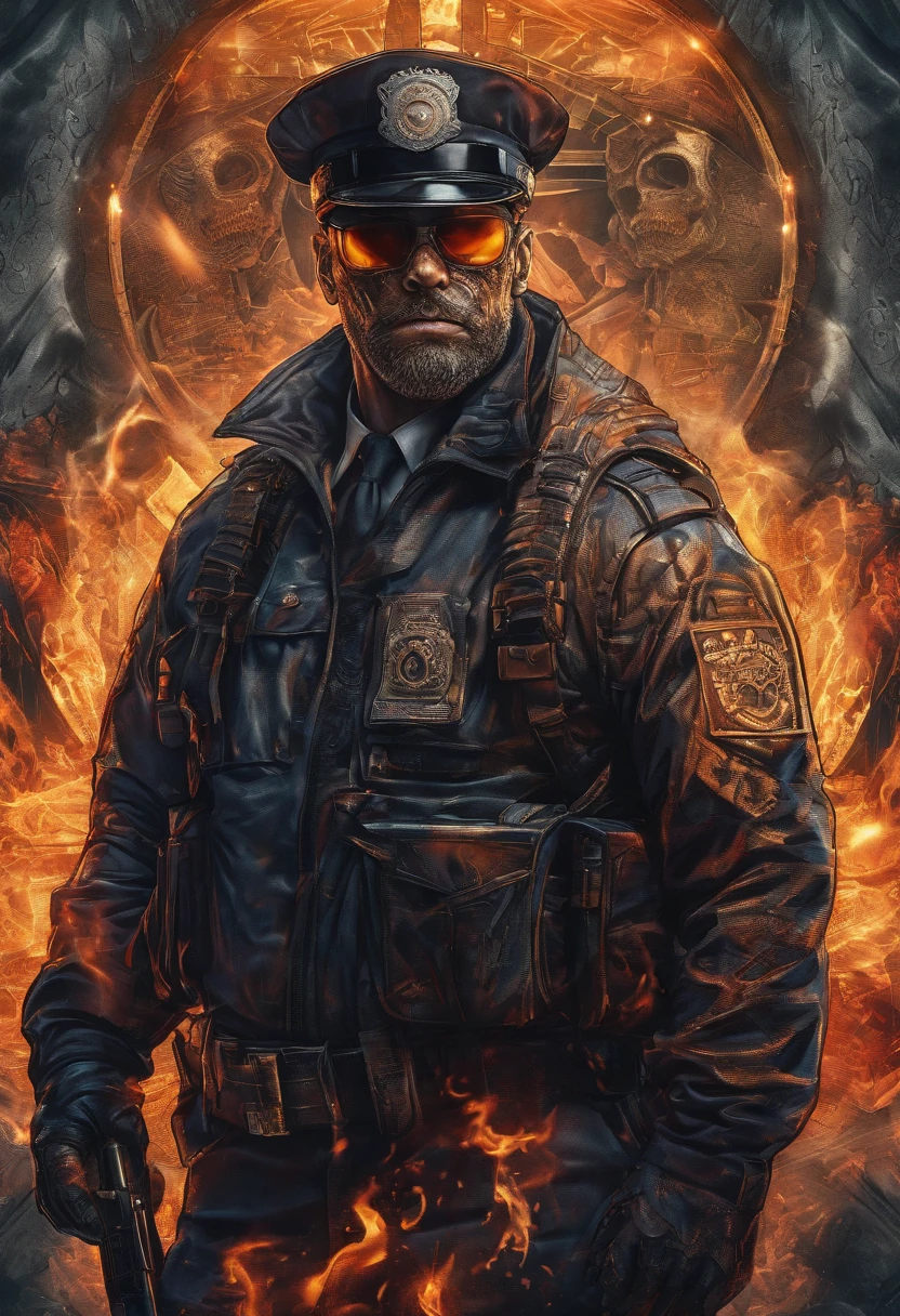 Policeman with a skull face, bright burning eyes, burning penitentiary background, ultra-detailed background Biomechanics, strange, scary, Nightmare, very bright colors, light particles, with bright light, Mshiff, Wallpaper art, Wallpaper UHD wall, no double face, no error.