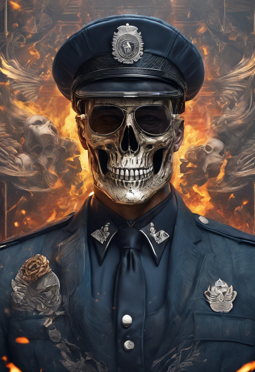 Policeman with a skull face, bright burning eyes, burning penitentiary background, ultra-detailed background Biomechanics, strange, scary, Nightmare, very bright colors, light particles, with bright light, Mshiff, Wallpaper art, Wallpaper UHD wall, no double face, no error.