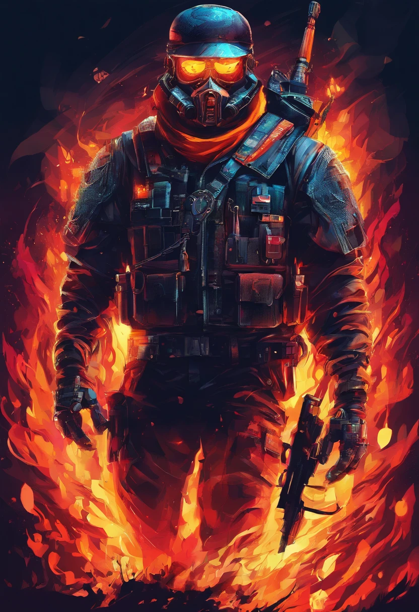 Policeman with a skull face, bright burning eyes, burning penitentiary background, ultra-detailed background Biomechanics, strange, scary, Nightmare, very bright colors, light particles, with bright light, Mshiff, Wallpaper art, Wallpaper UHD wall, no double face, no error.