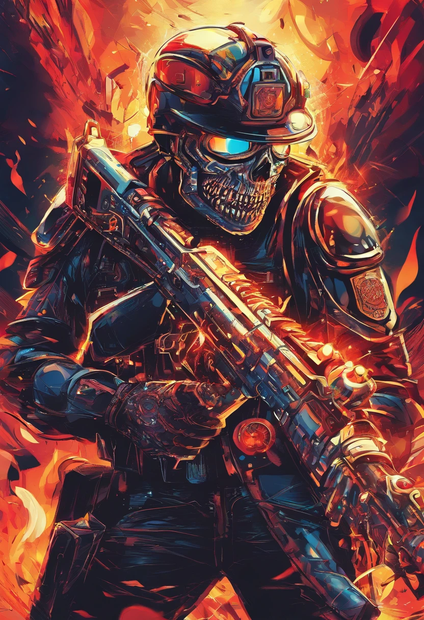 Policeman with a skull face, bright burning eyes, burning penitentiary background, ultra-detailed background Biomechanics, strange, scary, Nightmare, very bright colors, light particles, with bright light, Mshiff, Wallpaper art, Wallpaper UHD wall, no double face, no error.
