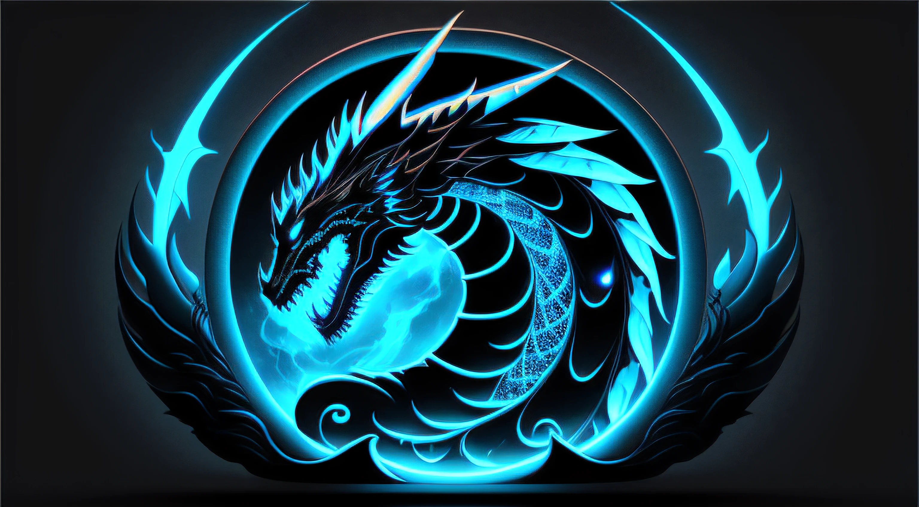 a black dragon and neon cyan on a dark background with a cyan black hole