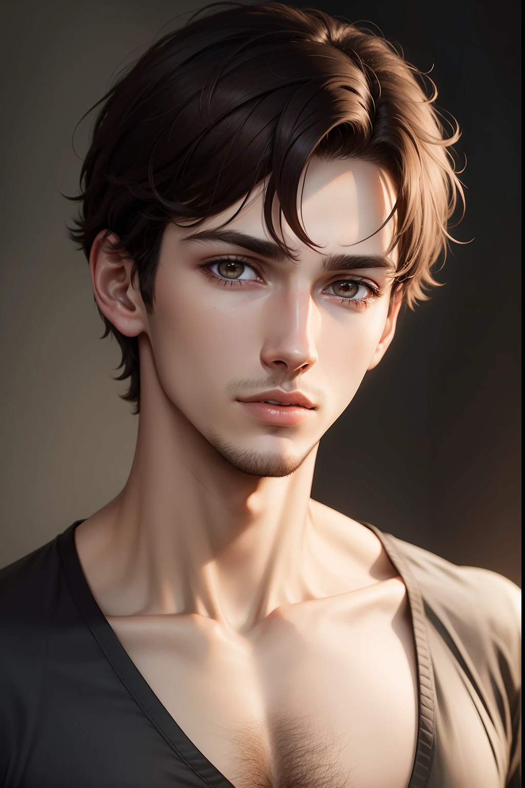 realistic, male, 23 years old, lanky, dark circles under the eyes, aquiline nose, short dark brown hair, dark lighting.