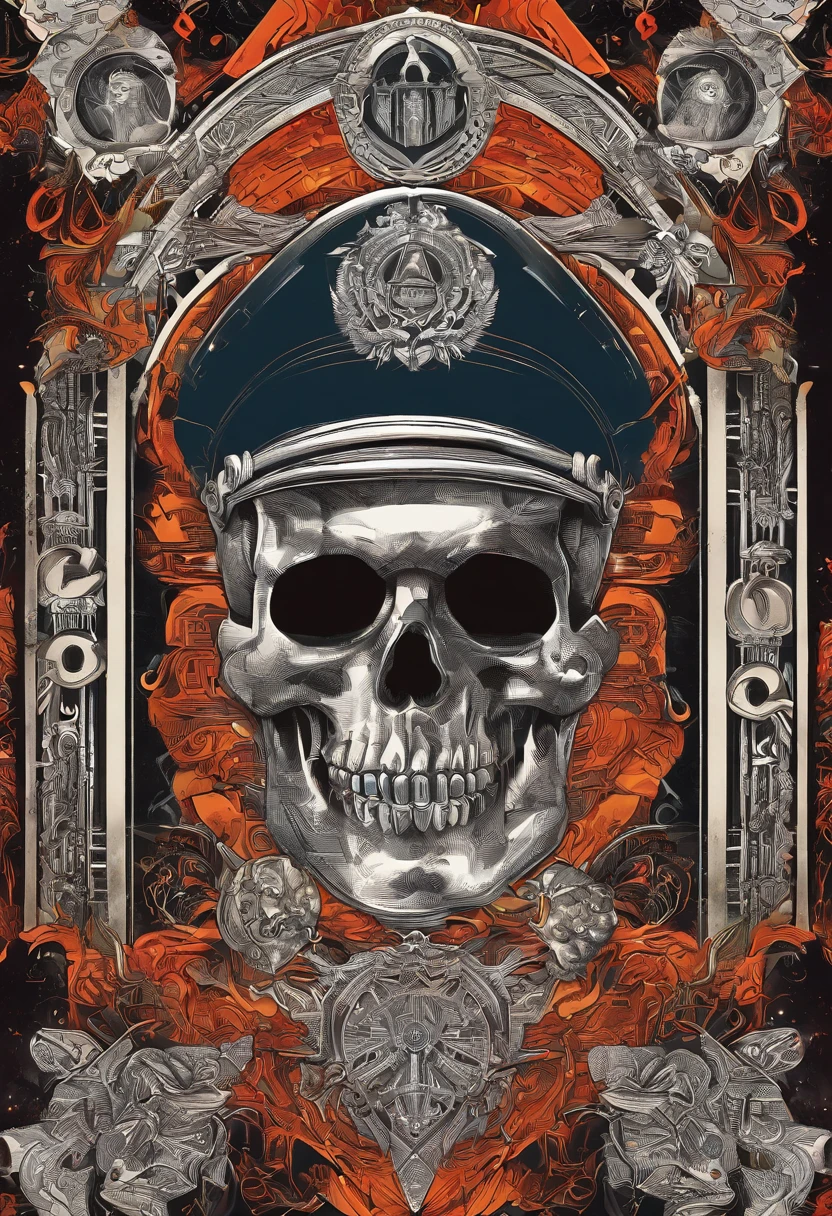 Policeman with a skull face, bright burning eyes, burning penitentiary background, ultra-detailed background Biomechanics, strange, scary, Nightmare, very bright colors, light particles, with bright light, Mshiff, Wallpaper art, Wallpaper UHD wall, no double face, no error.