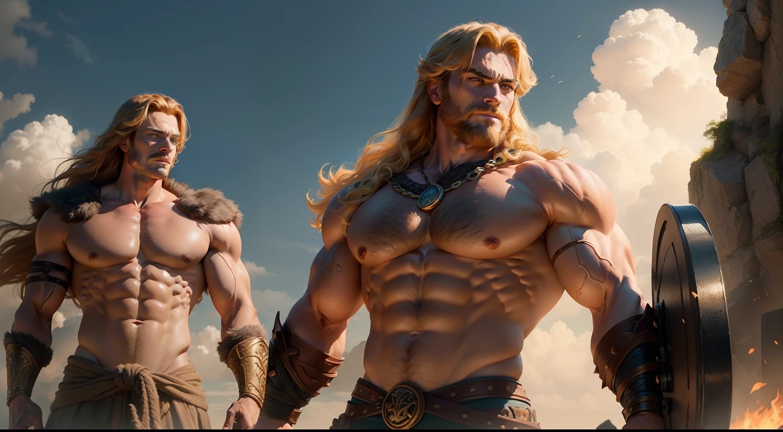 Generate a compelling image showcasing the extraordinary strength and unwavering courage of Hercules, with his loyal nephew Iolaus by his side. Illustrate Hercules and Iolaus as a dynamic duo, determined to confront the mighty Hydra together in their epic quest