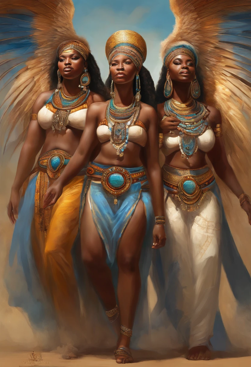 A stunning digital painting capturing the essence of African culture and spirituality, where 3 female dancers don angelic wings while performing a sacred dance. The dancers' expressions convey reverence and celebration, encapsulating the harmony of earthly and celestial realms. ((beautiful females)), (( curvy body)), ((well detailed facial features))., ((big bust)), ((big bosom)), (big thighs), ((transparent clothes)), ((piercing teats)), Wide angleView: Digital illustrators, African cultural themesRender Style: Detailed characters, celestial elementsResolution: 8K, Grande profundidade de campo, Arte Digital, obra prima, Qualidade UHD". RPG