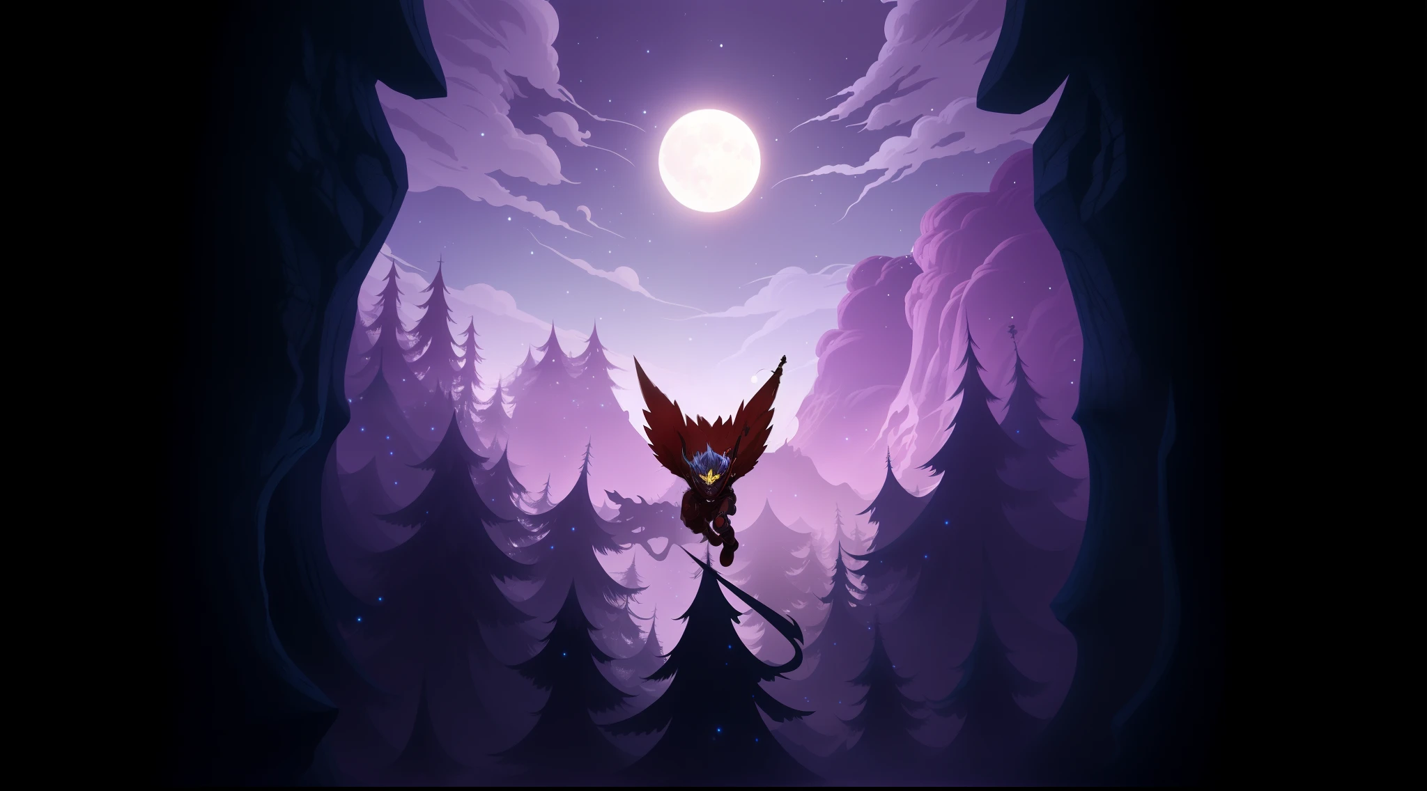 anime, a man flying through a forest at night with a full moon, stylized concept art, jen bartel, background art, digital 2d fantasy art, background artwork, detailed digital 2d fantasy art, game art, very coherent stylized artwork, stylized game art, art for the game, fantasy game art style, game illustration, detailed game art