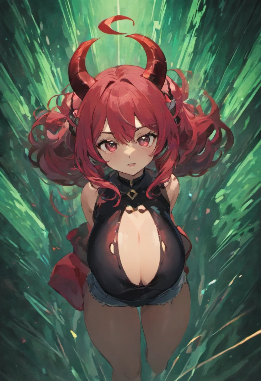 enigmatic but playful, (Emerald green eyes), ((Rich crimson hair)), (wavy cascading long hair), ((Twin pitch black demon horns)), otherworldly, exceptionally beautiful, ((plump)), big breasts, curvy, (((tight brown T-Shirt and blue jeans))), (ethereal spirit), (teasing smile), (high quality), volumetric lighting, evening light